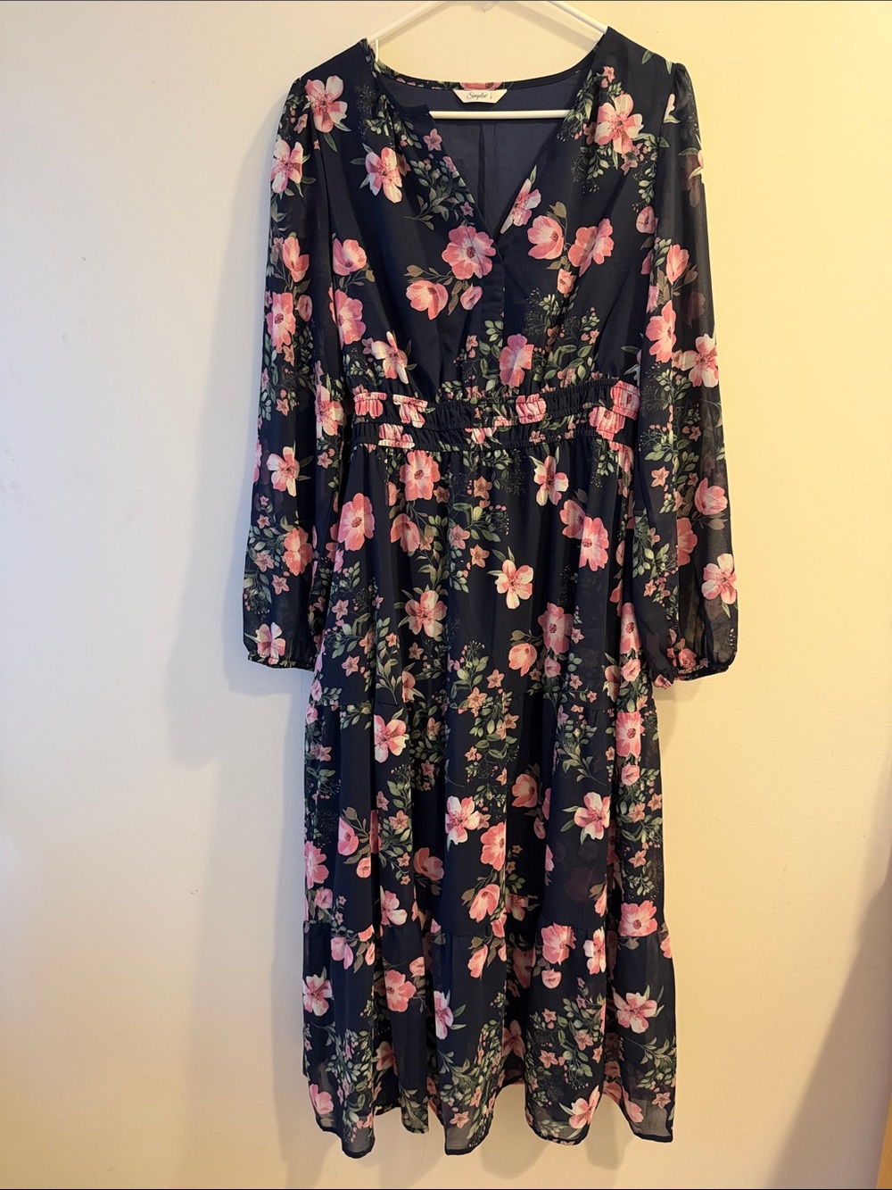 Brand New Simple Navy Midi Dress with Pink Floral Print